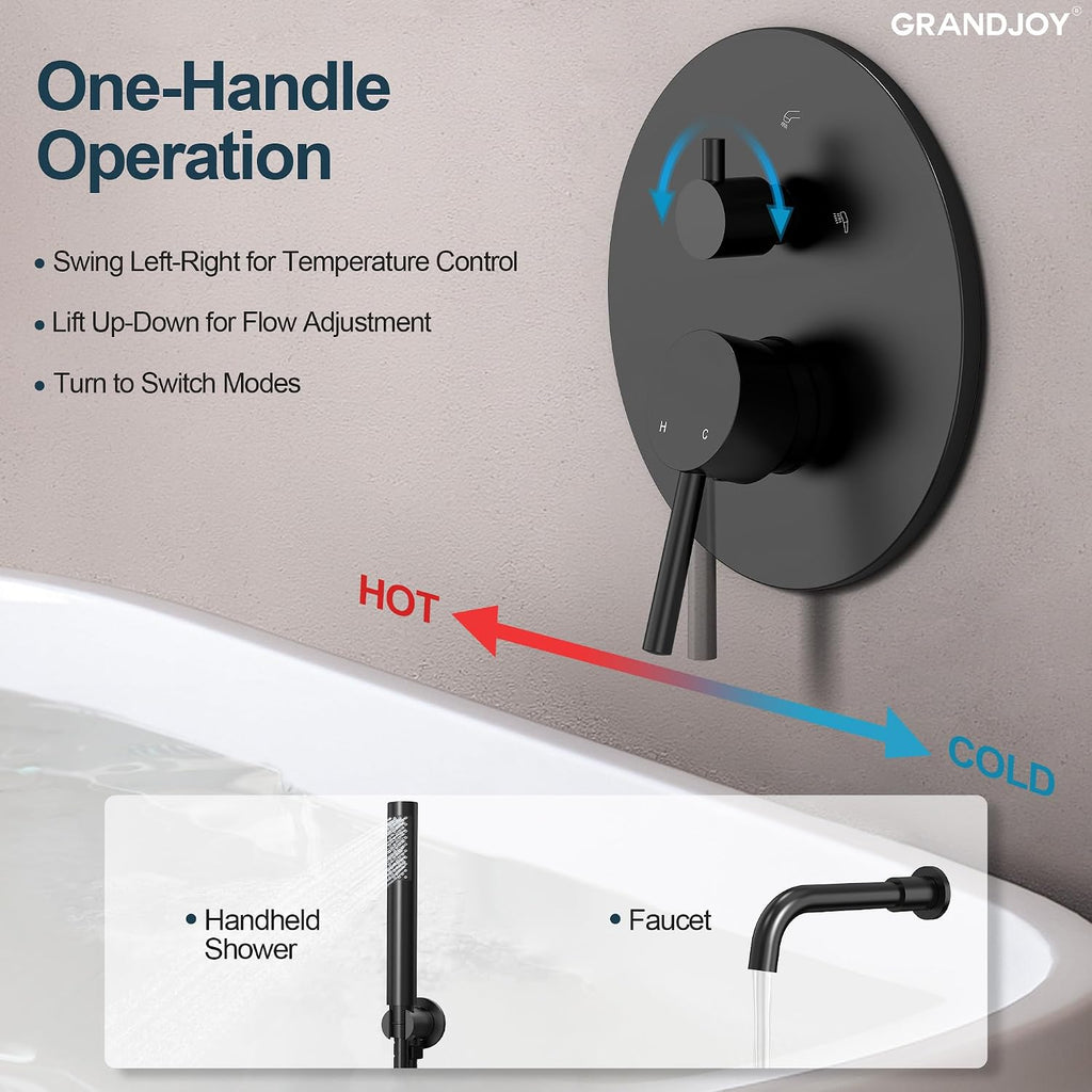 Matte Black Wall Mount Bathtub Faucet with Handheld Shower, High Flow Tub Filler, Solid Brass Rough-in Valve Included, Single Handle Bathroom Fixture