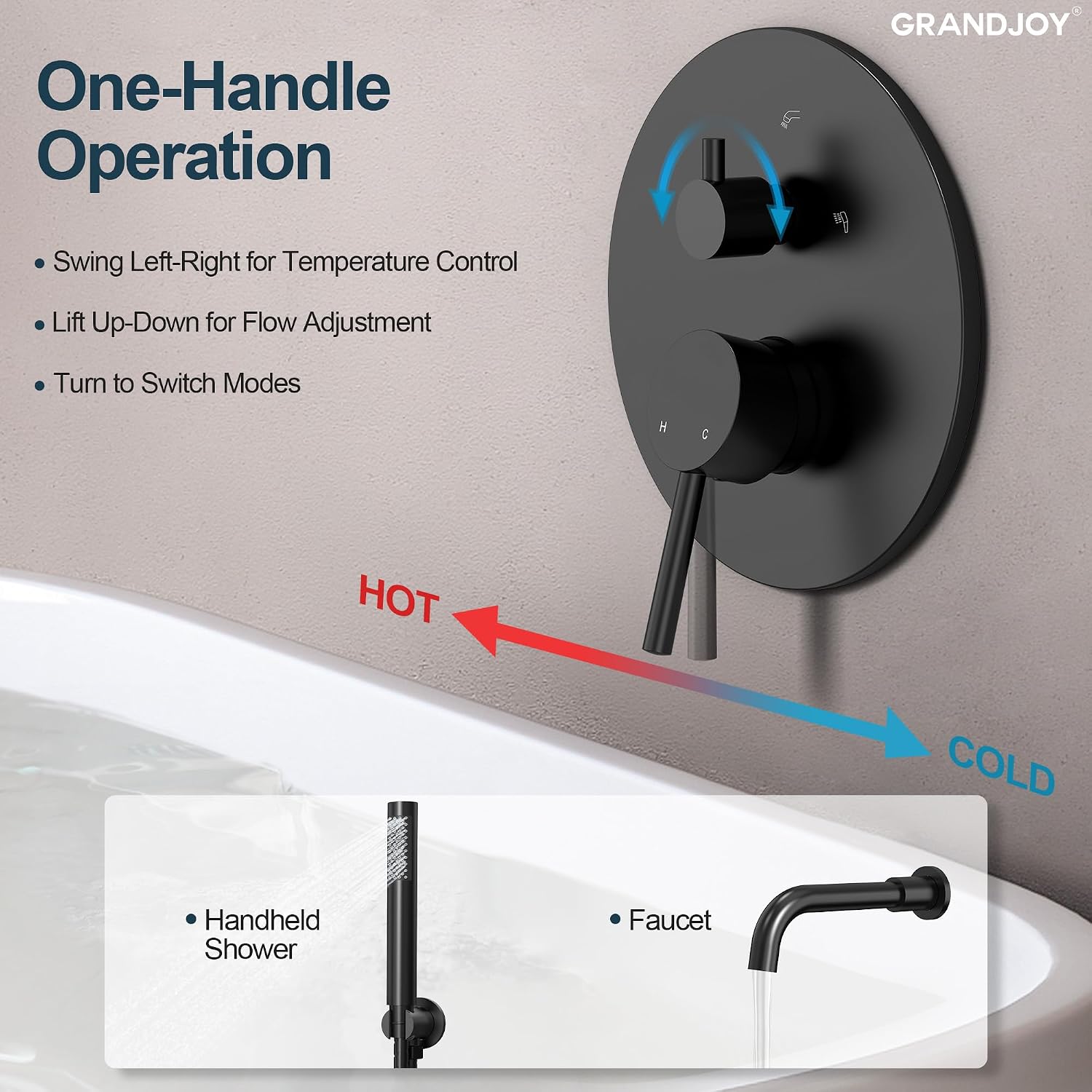 Matte Black Wall Mount Bathtub Faucet with Handheld Shower, High Flow Tub Filler, Solid Brass Rough-in Valve Included, Single Handle Bathroom Fixture