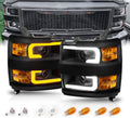AmeriLite for 2015-2019 Chevy Silverado 2500HD 3500HD Pickup w/Switchback LED Tube All Dark Black Square Projector Headlights Assembly Set - Passenger and Driver Side