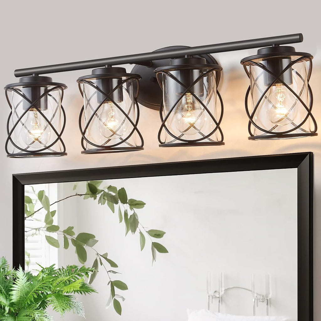 mavcadonf 4-Lights Bathroom Vanity Lights, Bathroom Light Fixtures Over Mirror, Matte Black Vanity Light, Farmhouse Wall Lights with Clear Glass Shade, Bathroom Wall Lamp for Mirror Kitchen Bedroom