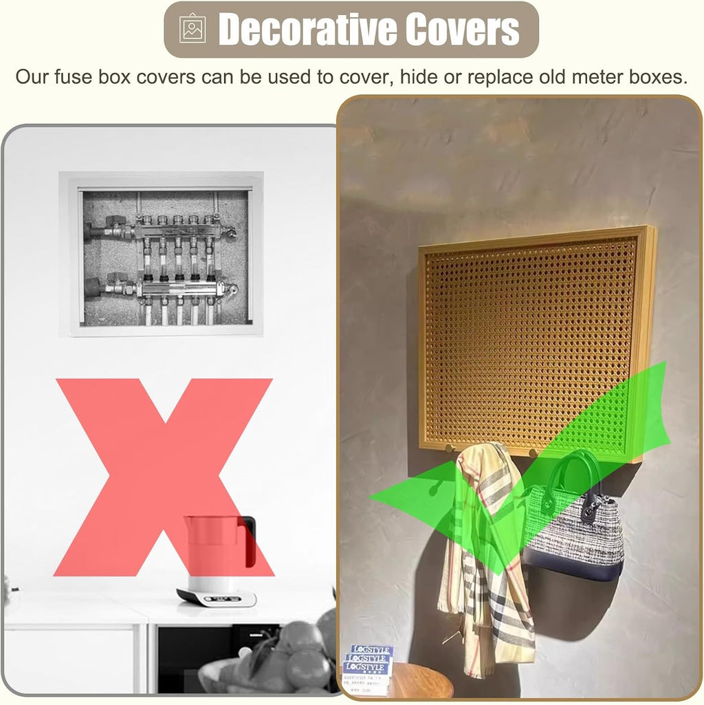 Rattan Electrical Panel Cover Wooden with Hooks, Indoor Breaker Box Cover Panel for Home Fuse Box, Hide Water Meter Box Cover for Alarm Panel Cover(75x65cm(29 1/2x25 5/8'))