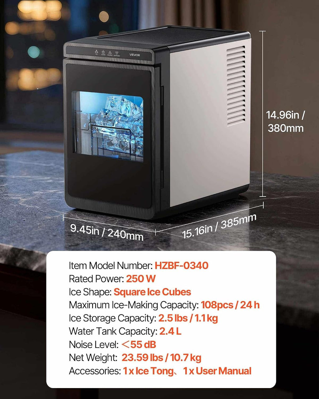 VEVOR 1.6' Clear Ice Cube Maker, 3 Square Ice Ready in 25–35 Mins, 108 Pcs/Day, 24H Timer Ice Maker Countertop for Cocktails, Whiskey & Bourbon