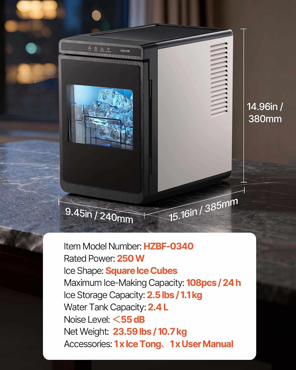 VEVOR 1.6' Clear Ice Cube Maker, 3 Square Ice Ready in 25–35 Mins, 108 Pcs/Day, 24H Timer Ice Maker Countertop for Cocktails, Whiskey & Bourbon