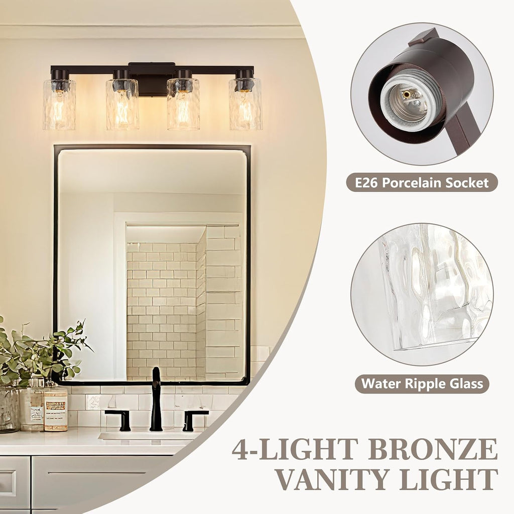 4-Light Bathroom Light Fixtures Modern Oil Rubbed Bronze Vanity Lights with Water Ripple Glass Wall Sconces Over Mirror for Bathroom, Powder Room, Living Room