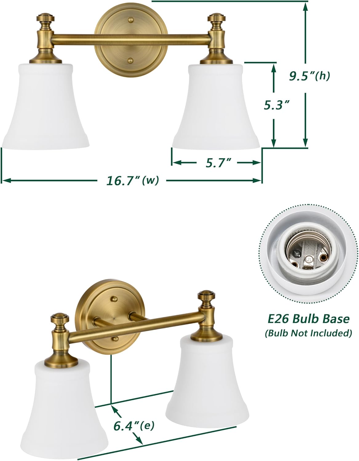 Champagne Bronze Bathroom Vanity Light Fixtures, Traditional Gold 2 Lights Wall Sconce Lighting with Large Opal Glass Shade, Porch Wall Mount Light Fixture for Bathroom, Mirror Cabinets Hallway Stairs