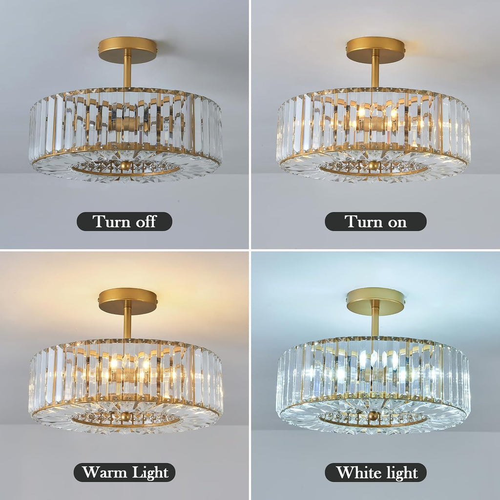 Piepooye 4 Lights Modern Crystal Chandelier Gold Round Semi Flush Mount Ceiling Light Fixture Farmhouse Chandelier for Dining Room Living Room Bedroom Hallway Entryway Kitchen