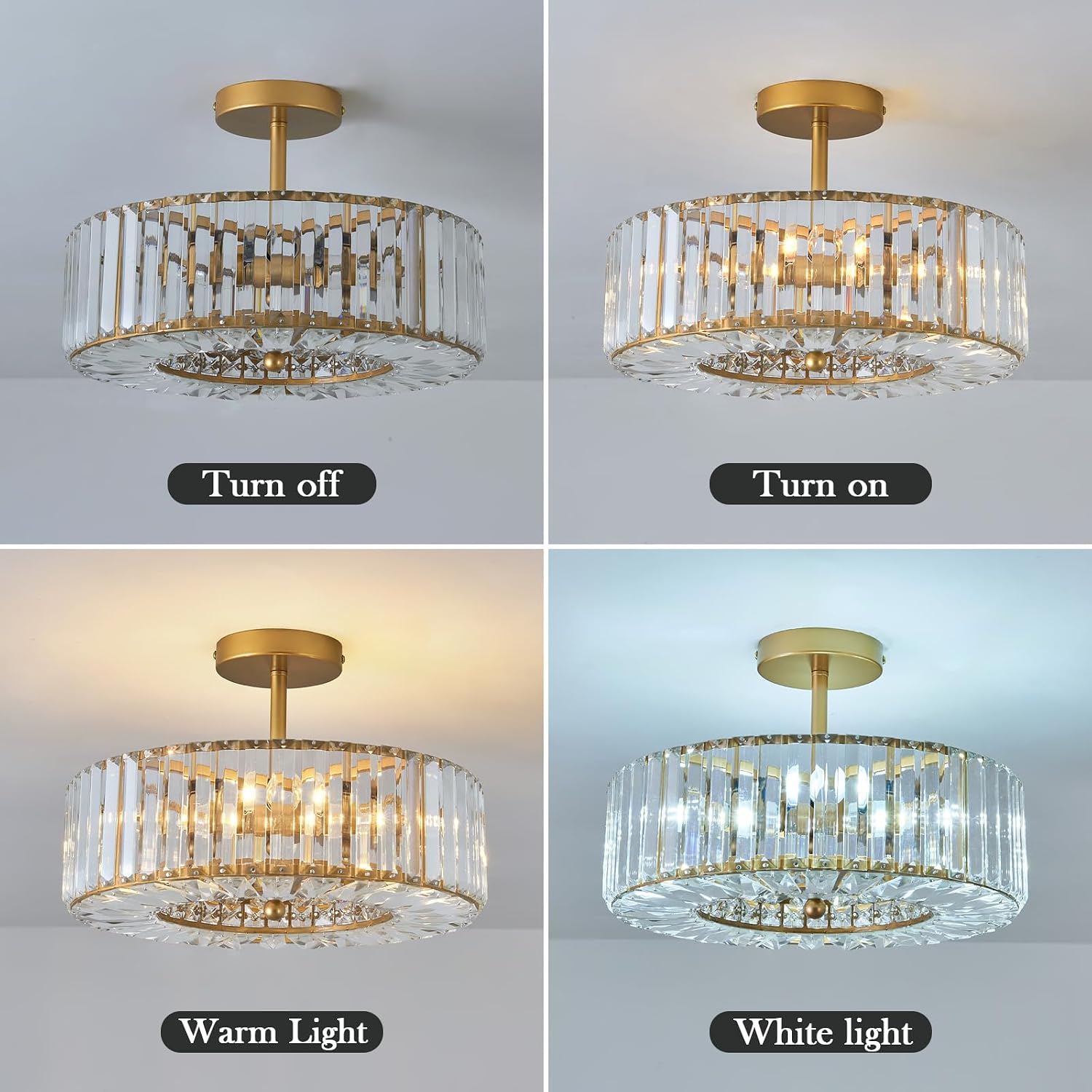 Piepooye 4 Lights Modern Crystal Chandelier Gold Round Semi Flush Mount Ceiling Light Fixture Farmhouse Chandelier for Dining Room Living Room Bedroom Hallway Entryway Kitchen
