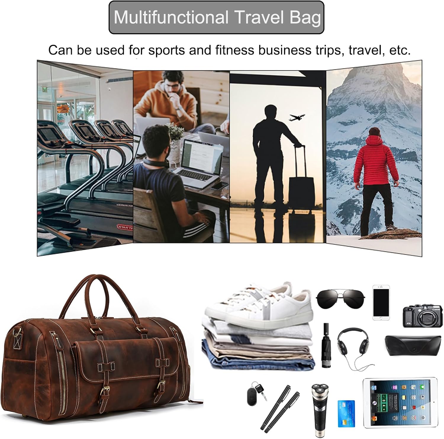 LUUFAN Full-grain Genuine Leather Travel Bag Large Capacity Duffel Luggage Bag with Shoe Compartment, Men Women Shoulder Bag for Weekend Holiday Business Trip, 58cm