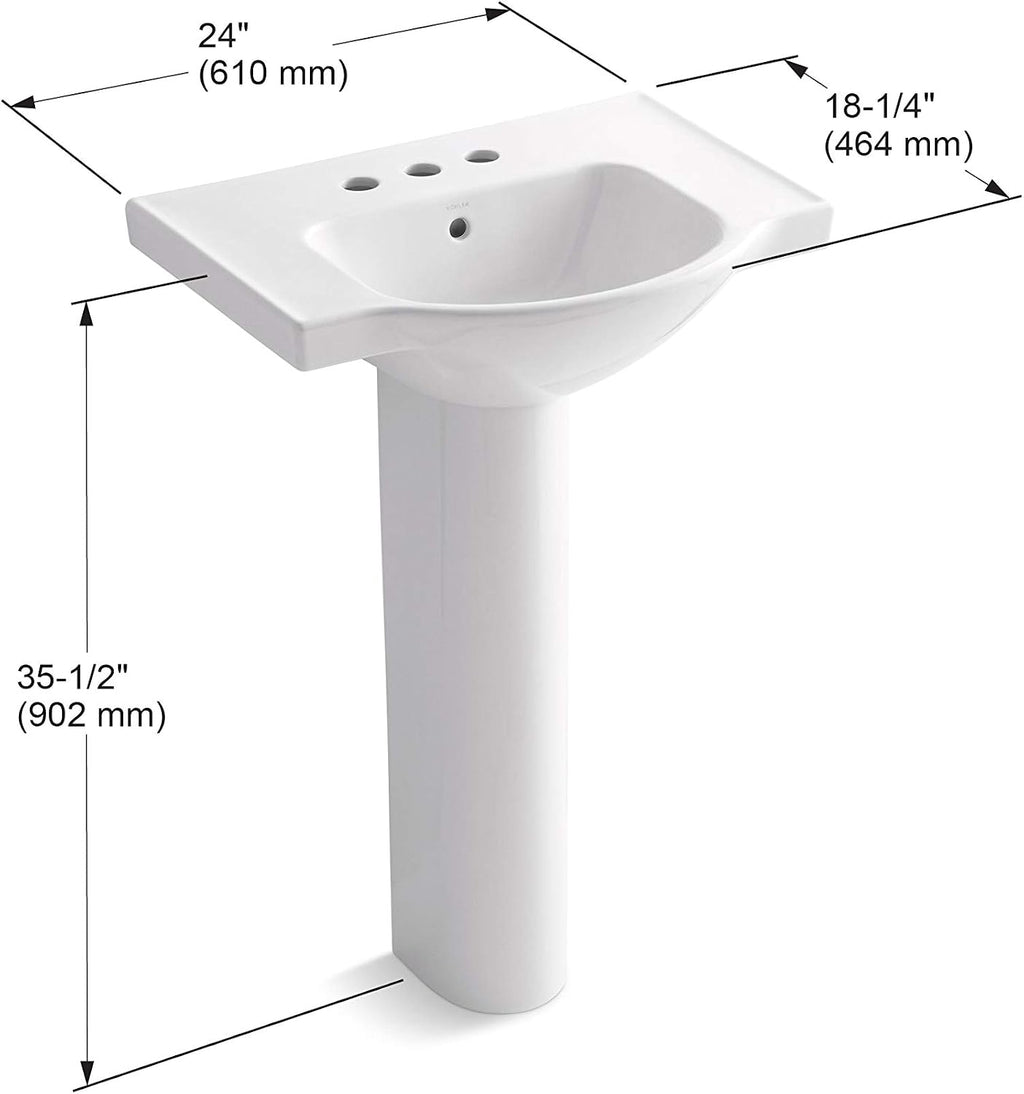 Kohler 5266-4-0 Veer 24' pedestal bathroom sink with 4' centerset faucet holes