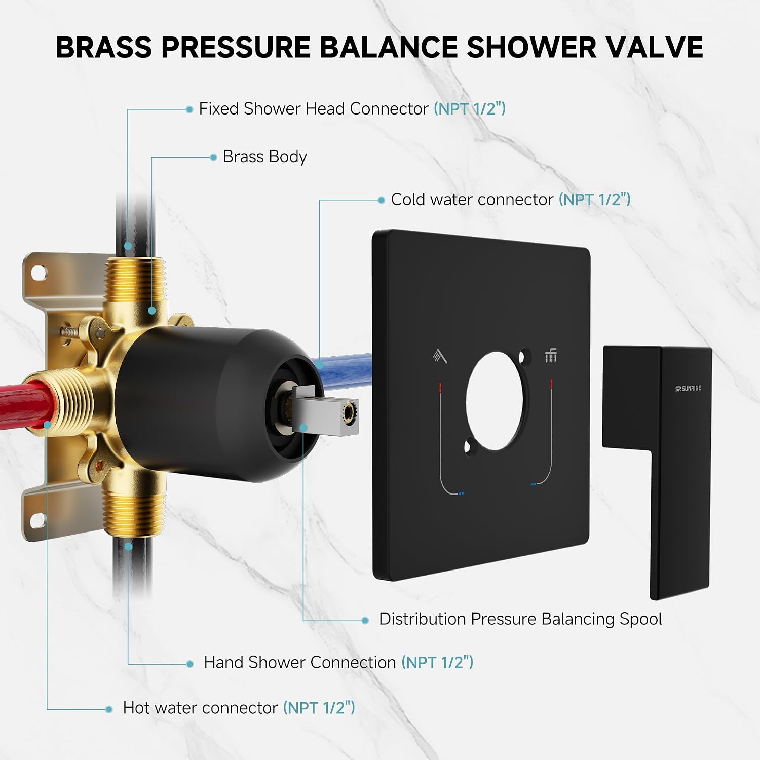 SR SUN RISE Shower Faucet Set & System - 12 Inch Rainfall Shower Head & Handle Set Wall Mounted Matte Black Solid Brass Valve Trim Kit Included