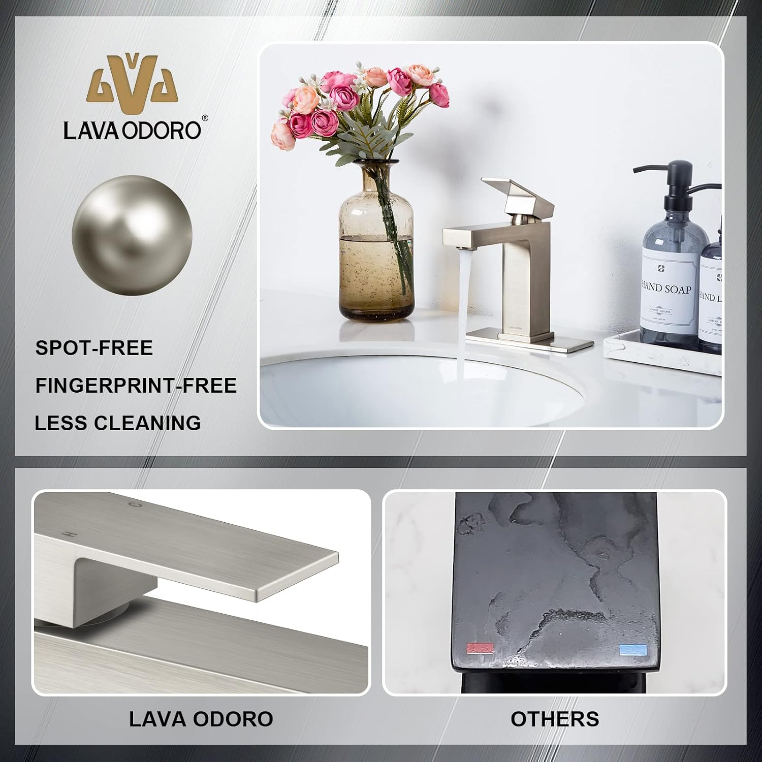 Lava Odoro Single Hole Bathroom Faucet, Brushed Nickel Bathroom Sink Faucet Single Handle Vanity Faucet with Pop up Drain Assembly, Deck Plate Included, BF307-BN