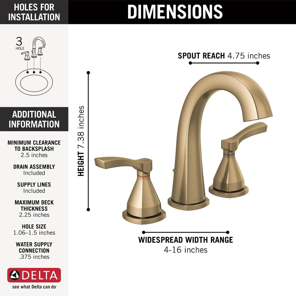 Delta Faucet Stryke Widespread Bathroom Faucet 3 Hole, Gold Bathroom Sink Faucet, 2 Handle Bathroom Faucet, Bath Faucet, Metal Pop-Up Drain Assembly, Lumicoat Champagne Bronze 35775-CZ-PR-MPU-DST