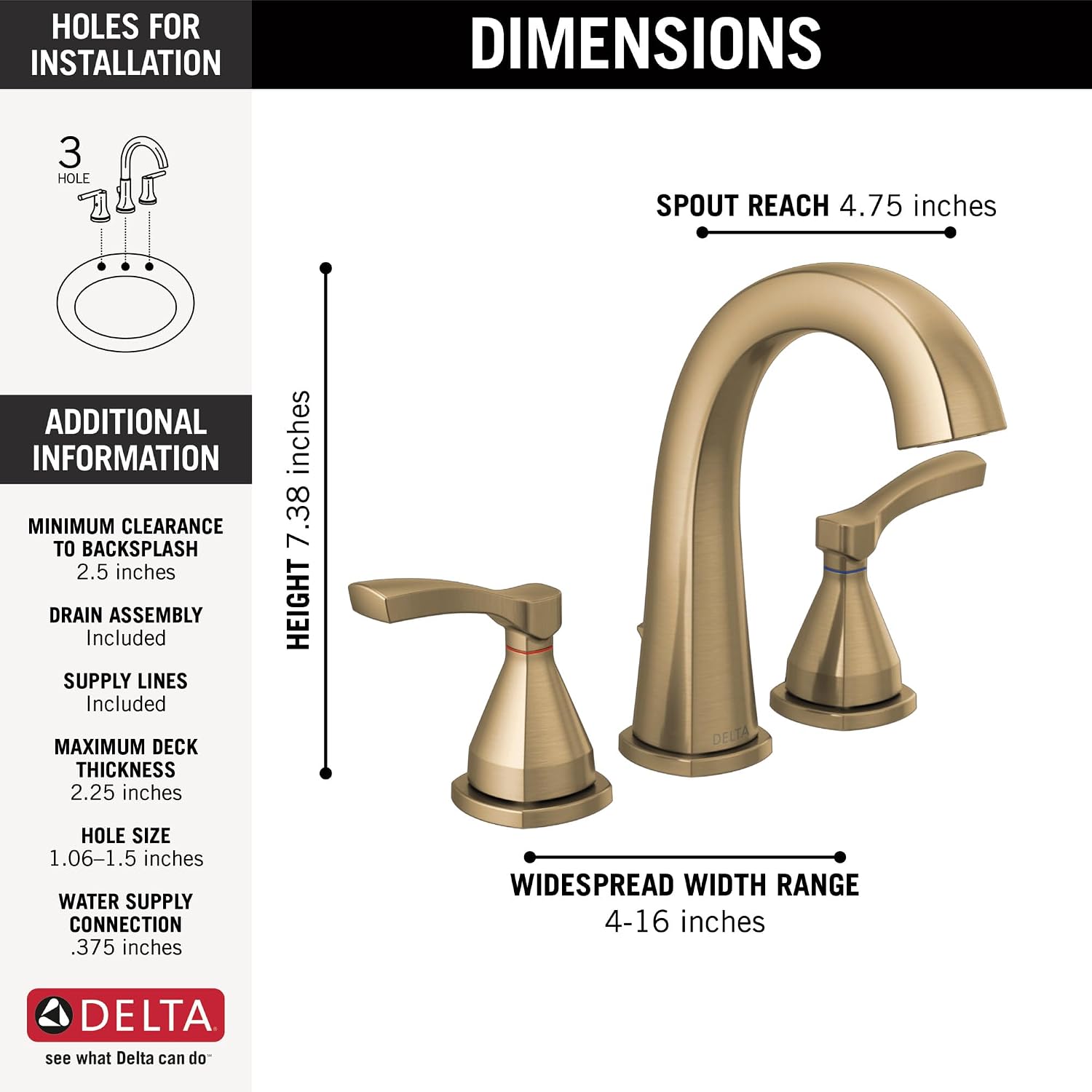 Delta Faucet Stryke Widespread Bathroom Faucet 3 Hole, Gold Bathroom Sink Faucet, 2 Handle Bathroom Faucet, Bath Faucet, Metal Pop-Up Drain Assembly, Lumicoat Champagne Bronze 35775-CZ-PR-MPU-DST