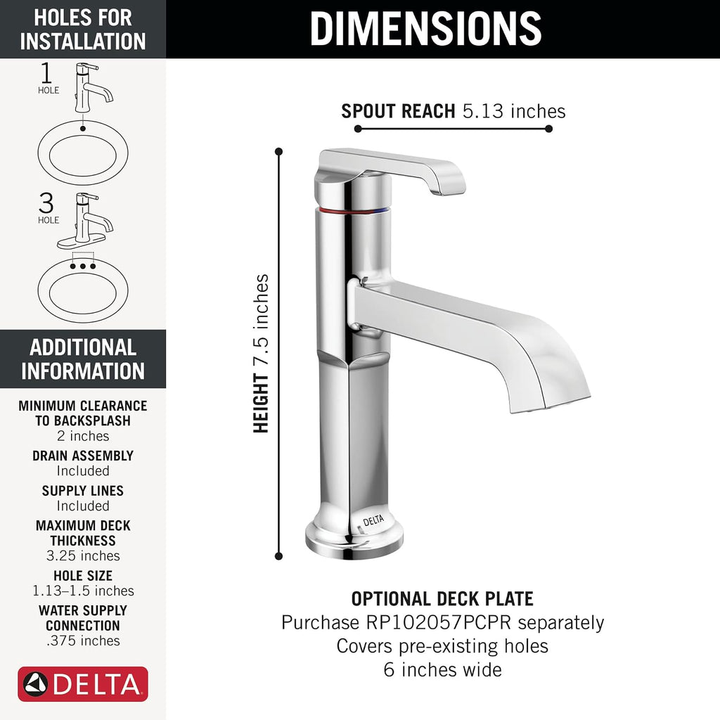 Delta Tetra Chrome Bathroom Faucet 1 Hole, Single Hole Bathroom Sink Faucet for Vanity, Metal Push-Pop Drain Assembly, Lumicoat Chrome 589-PR-DST