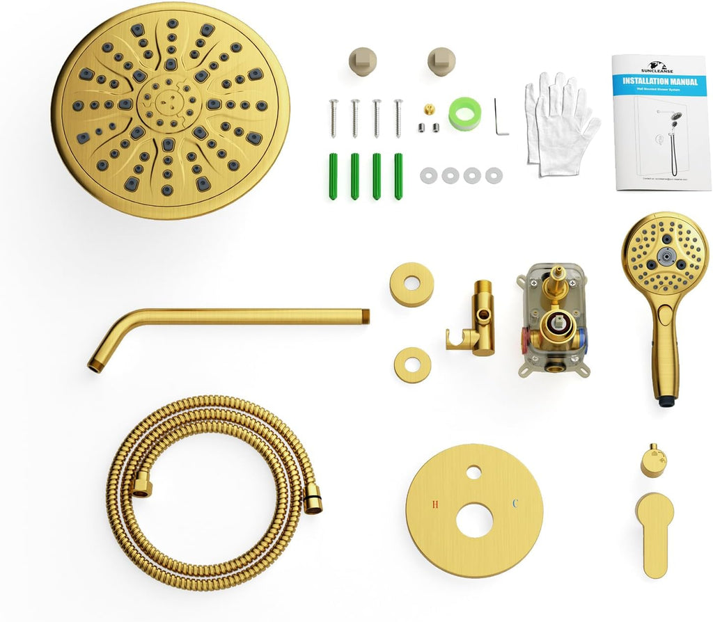 Suncleanse Gold Shower Faucet Sets - 8.5' Rain Shower Head Combo with 7-Setting handheld Spray Complete Shower System - Rainfall Shower Fixtures with Rough-in Valve and Trim Kit for Luxury Bathroom
