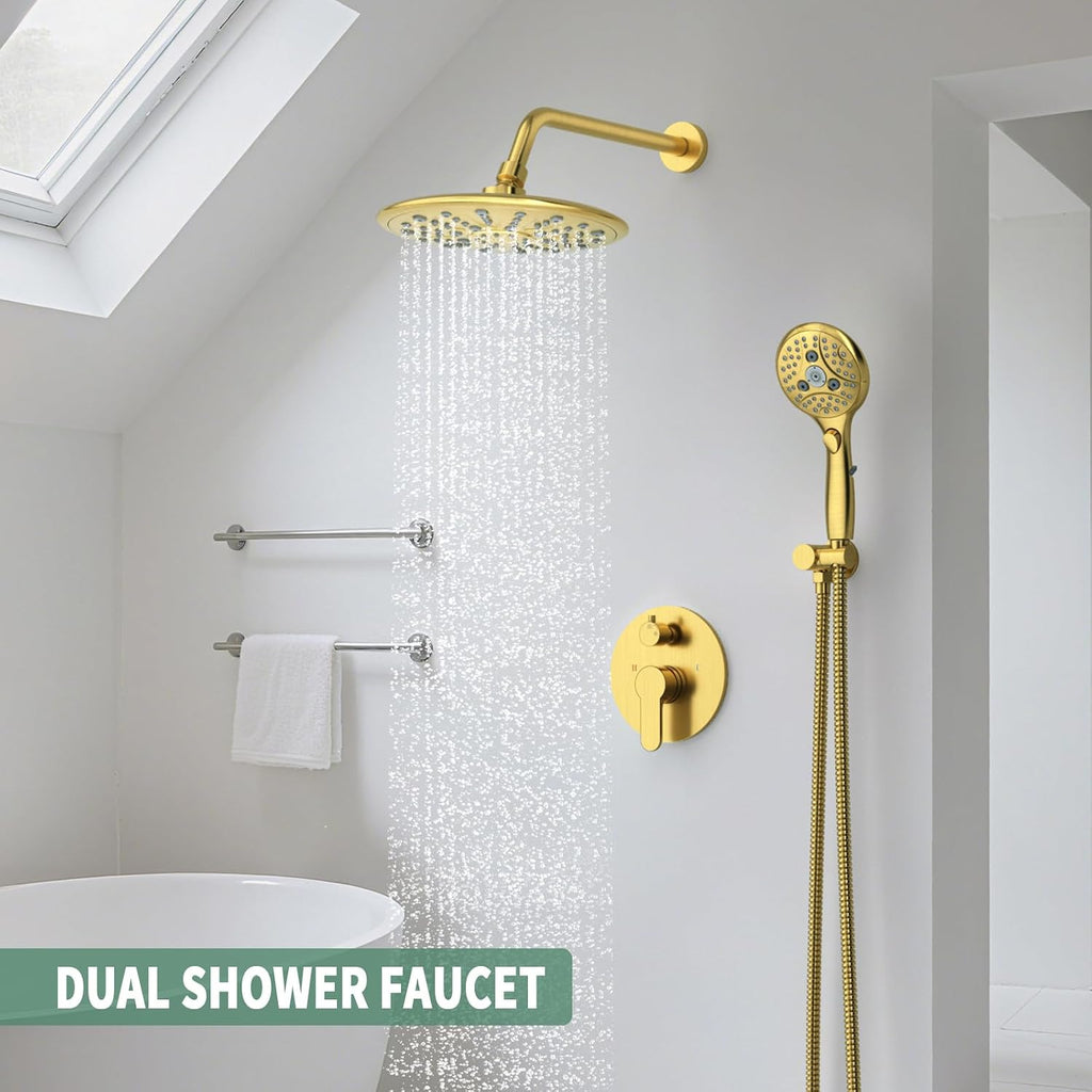 Suncleanse Gold Shower Faucet Sets - 8.5' Rain Shower Head Combo with 7-Setting handheld Spray Complete Shower System - Rainfall Shower Fixtures with Rough-in Valve and Trim Kit for Luxury Bathroom