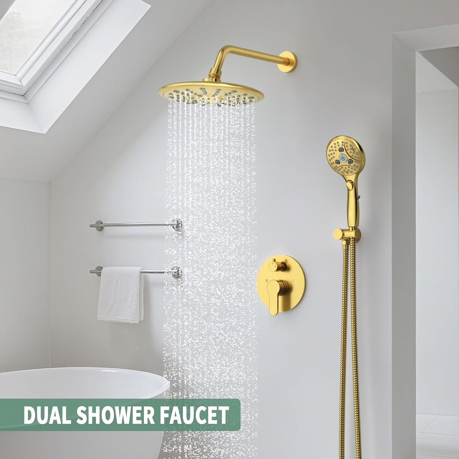 Suncleanse Gold Shower Faucet Sets - 8.5' Rain Shower Head Combo with 7-Setting handheld Spray Complete Shower System - Rainfall Shower Fixtures with Rough-in Valve and Trim Kit for Luxury Bathroom