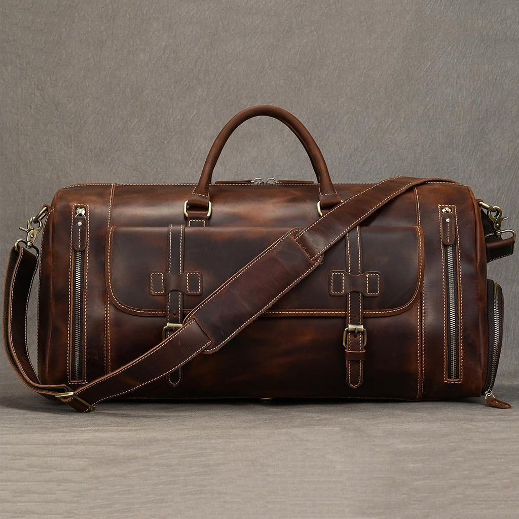 LUUFAN Full-grain Genuine Leather Travel Bag Large Capacity Duffel Luggage Bag with Shoe Compartment, Men Women Shoulder Bag for Weekend Holiday Business Trip, 58cm