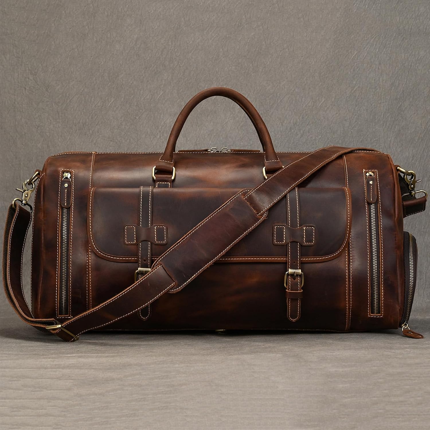 LUUFAN Full-grain Genuine Leather Travel Bag Large Capacity Duffel Luggage Bag with Shoe Compartment, Men Women Shoulder Bag for Weekend Holiday Business Trip, 58cm