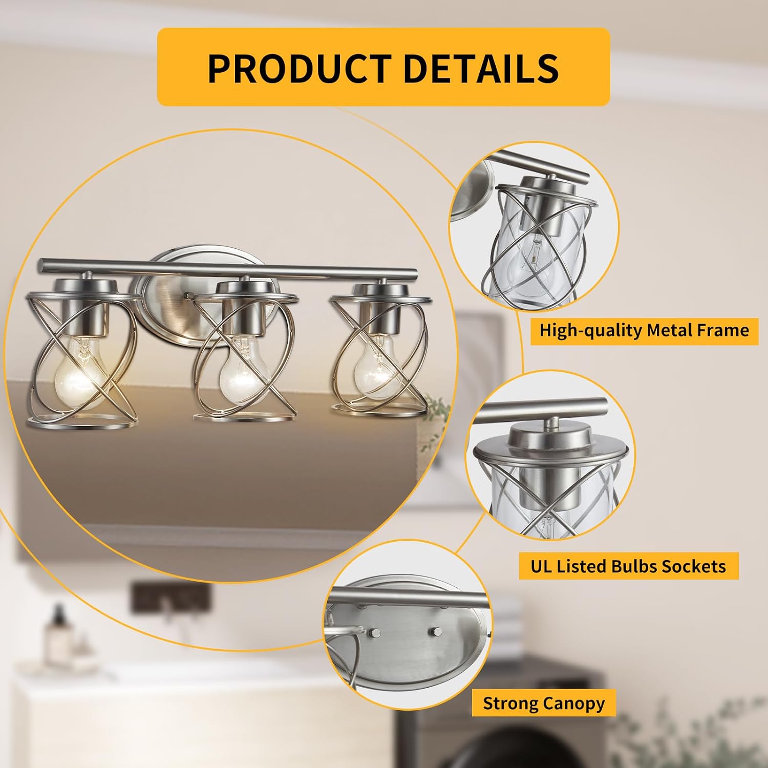 mavcadonf 3-Lights Bathroom Vanity Lights, Bathroom Light Fixtures Over Mirror, Brushed Nickel Vanity Light, Farmhouse Wall Lights with Clear Glass Shade, Bathroom Wall Lamp for Mirror Kitchen Bedroom