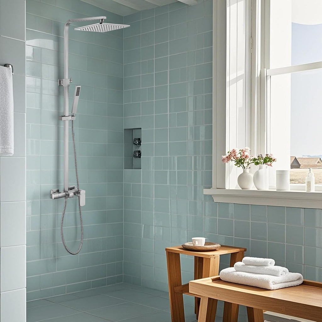 RBROHANT Brushed Nickel Exposed Shower System with Tub Spout, Exposed Shower Fixtures for Bathroom with Brass 3-Functional Valve, Shower Height Adjustable, Wall Mounted