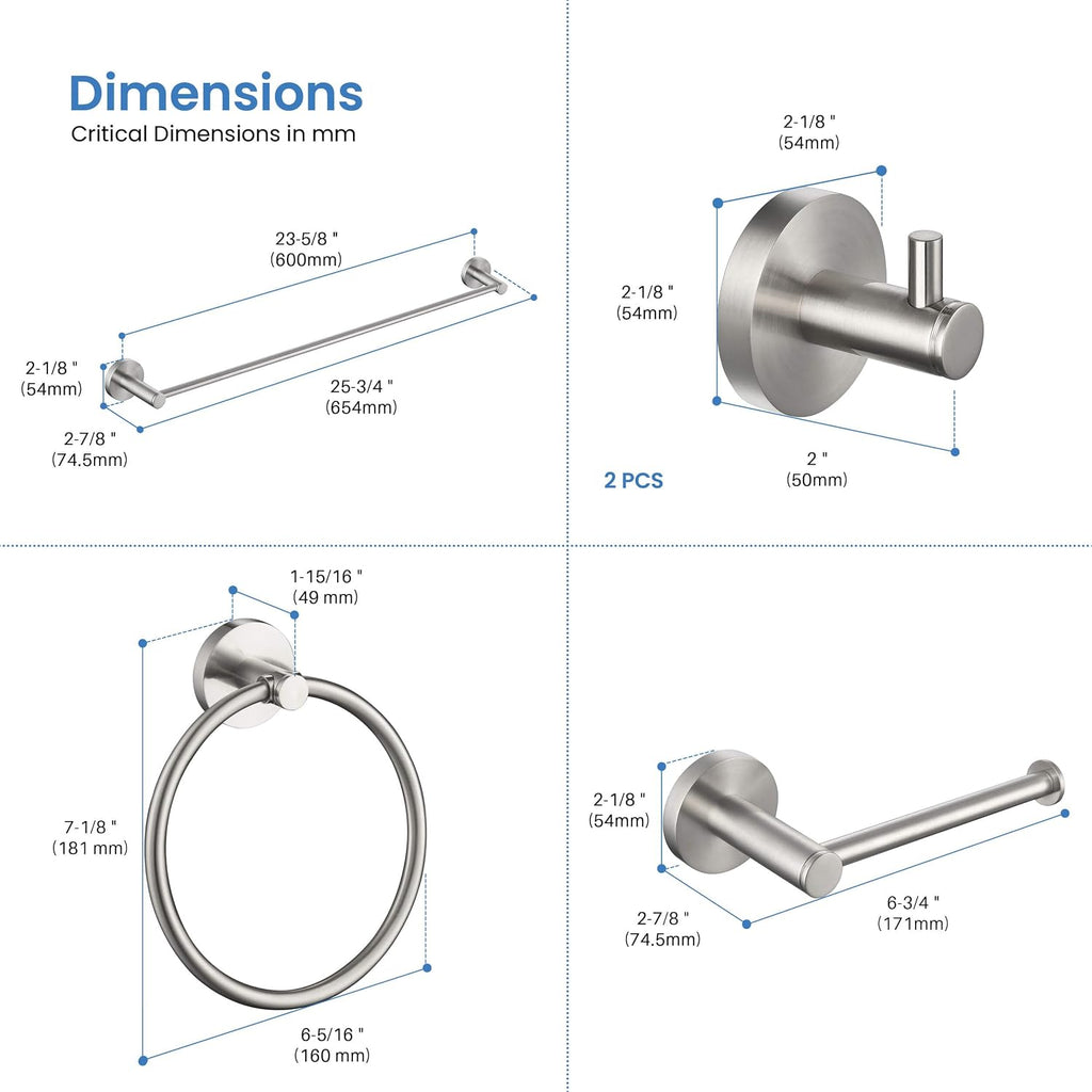 KIBI Circular 5-Piece Bathroom Hardware Set – 24 Inch Towel Bar, Towel Ring, Toilet Paper Holder & 2 Robe Hooks – Wall Mounted Solid Brass Bathroom Accessories – Brushed Nickel