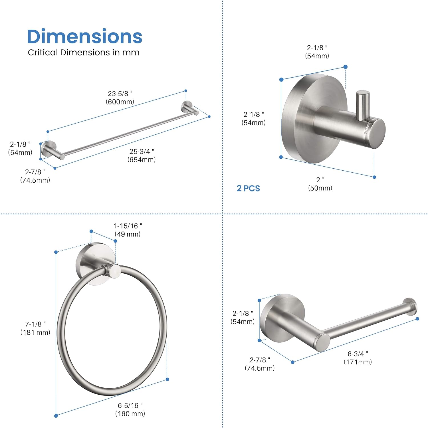 KIBI Circular 5-Piece Bathroom Hardware Set – 24 Inch Towel Bar, Towel Ring, Toilet Paper Holder & 2 Robe Hooks – Wall Mounted Solid Brass Bathroom Accessories – Brushed Nickel