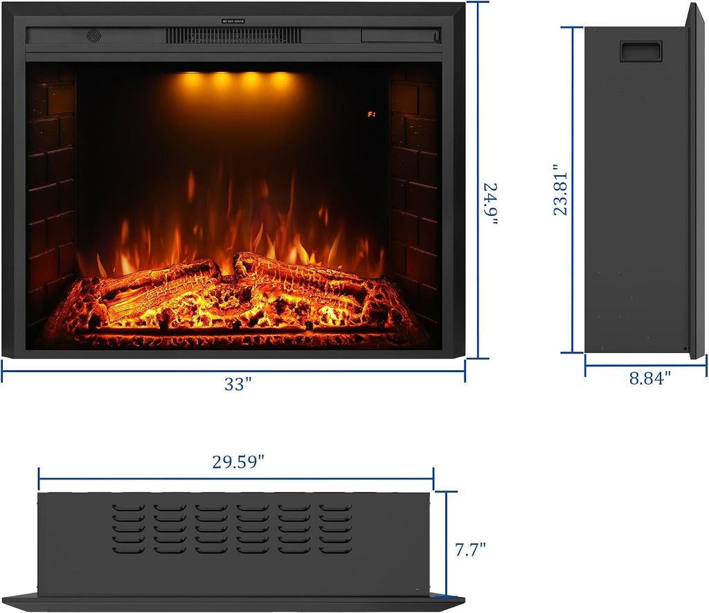 33 inch Electric Fireplace, Wall Fireplace Electric with Remote Control, Realistic Log and Crackling Sound, Overheating Protection and Timer, 750/1500W Black
