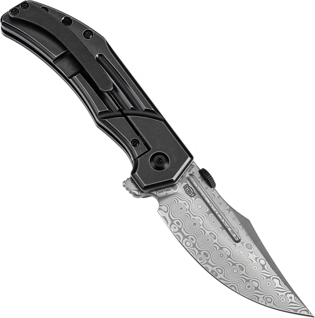 KANSEPT Orion Pocket Knife, 3.07'' Damascus Elegant Blade with Blood Groove, CNC Black Anodized Milling Titanium Handle and Flipper, for Men Women Camping Survival Hunting Folding Knives K1089A3