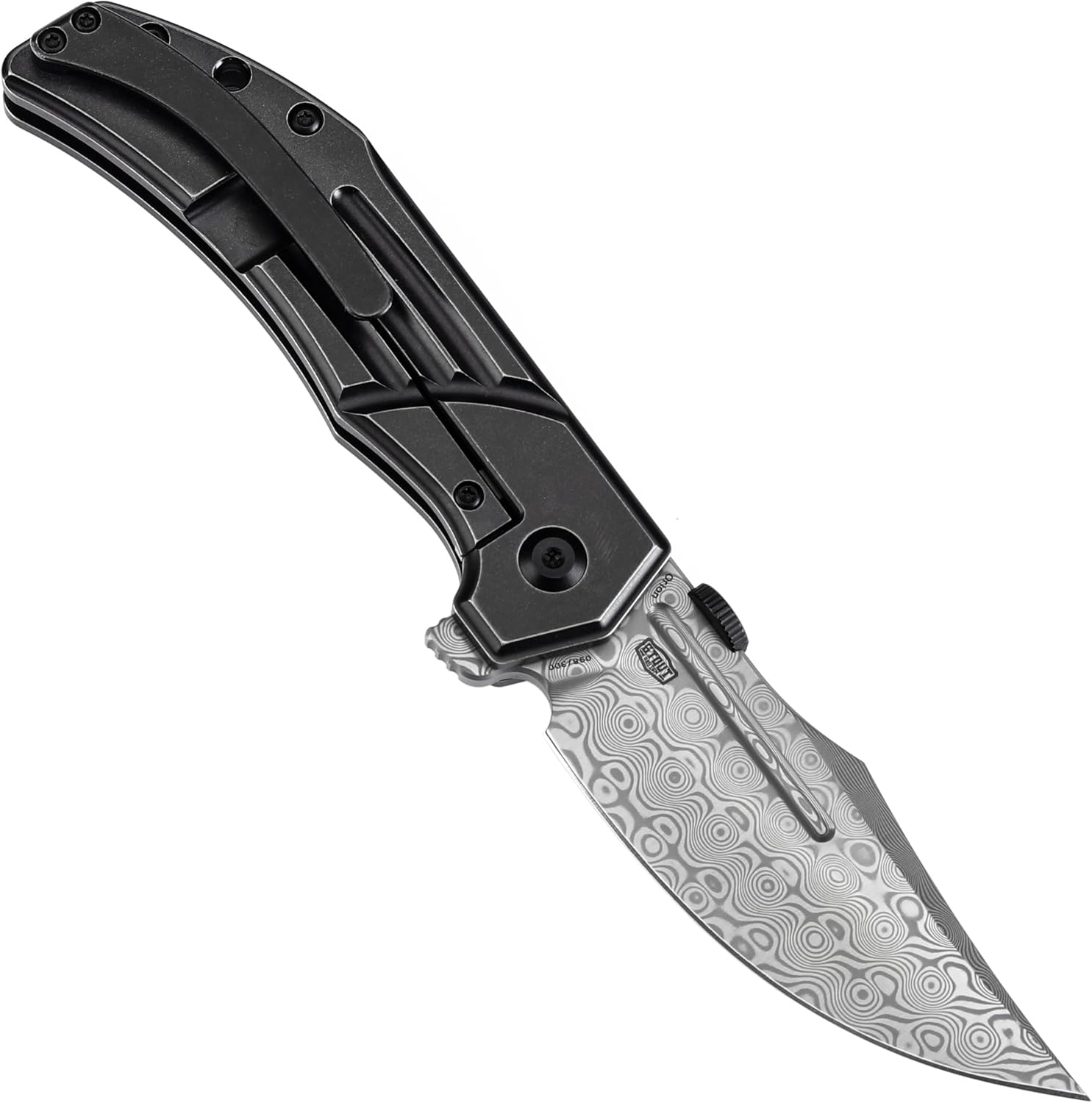 KANSEPT Orion Pocket Knife, 3.07'' Damascus Elegant Blade with Blood Groove, CNC Black Anodized Milling Titanium Handle and Flipper, for Men Women Camping Survival Hunting Folding Knives K1089A3