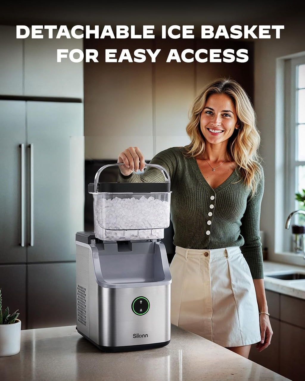 Silonn Nugget Ice Maker Countertop, Ice Basket with Handle, Quiet Operation & Self Cleaning Ice Machine, Chewable Ice, 33 lbs/24H, Portable Pellet Ice Maker with Scoop for Home, Kitchen and Office