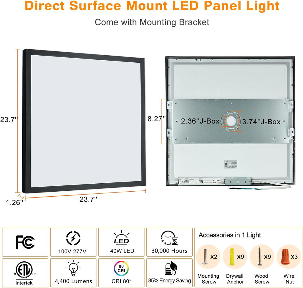 Black 2x2 Surface Mount LED Panel Lights, 40W-30W-20W & 5000K-4000K-3000K Selectable, 0-10V Dimmable, Square, for Kitchen, Shop, 100-277V, ETL, 2 Pack