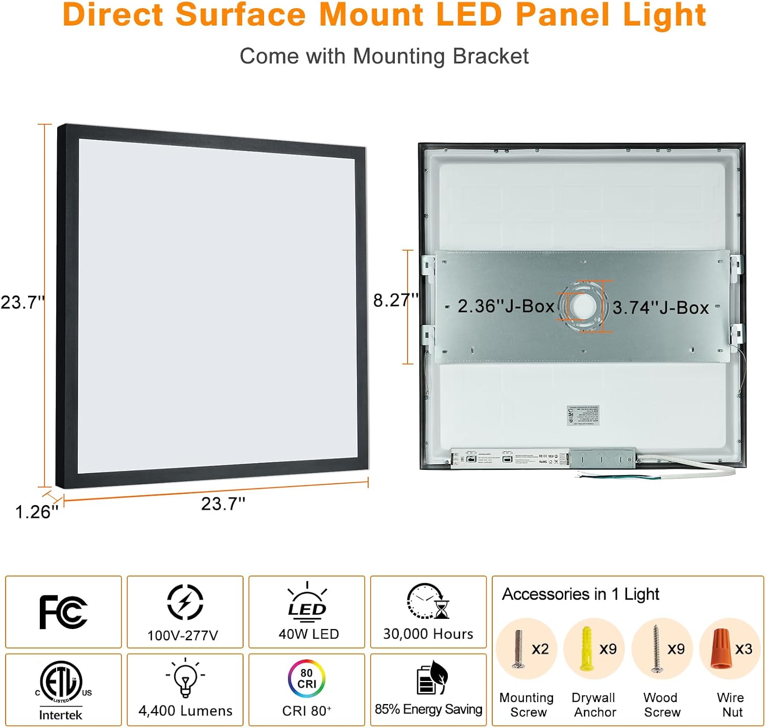 Black 2x2 Surface Mount LED Panel Lights, 40W-30W-20W & 5000K-4000K-3000K Selectable, 0-10V Dimmable, Square, for Kitchen, Shop, 100-277V, ETL, 2 Pack