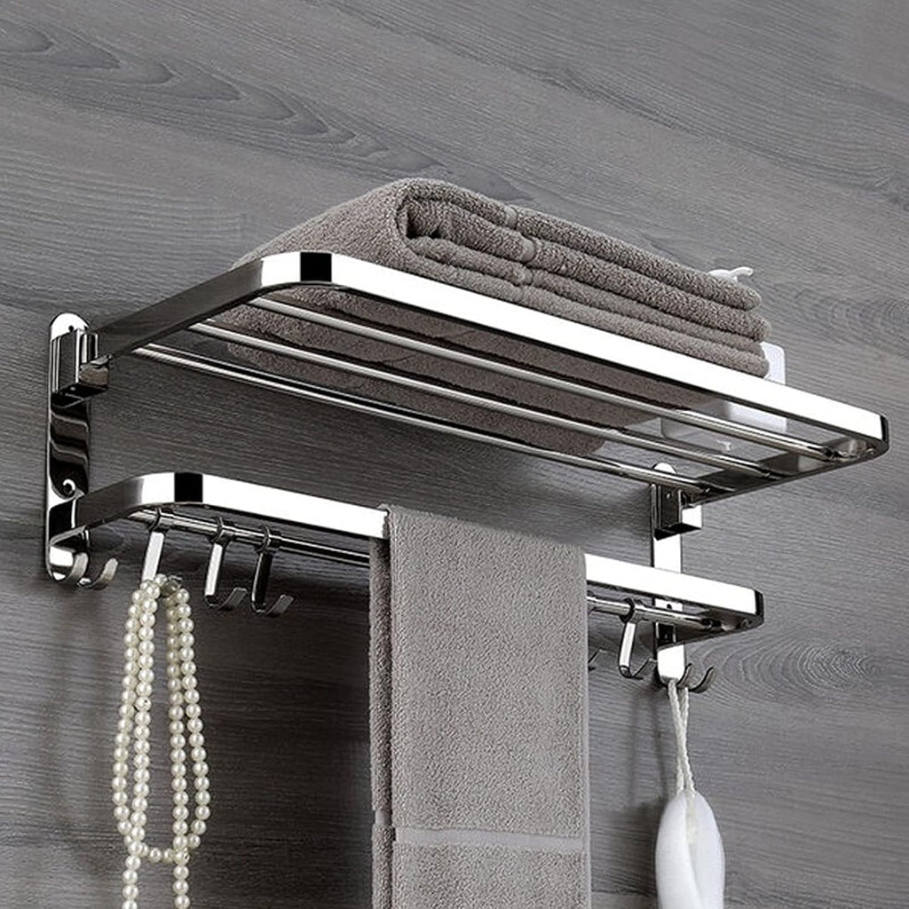 TOMYEUS Shower Caddy Bathroom Shelf Bathroom Towel Shelf with Foldable Towel Bar Holder and Towel Hooks Wall Mounted Multifunctional Double Towel Bars Brushed Nickel Shower Organizer