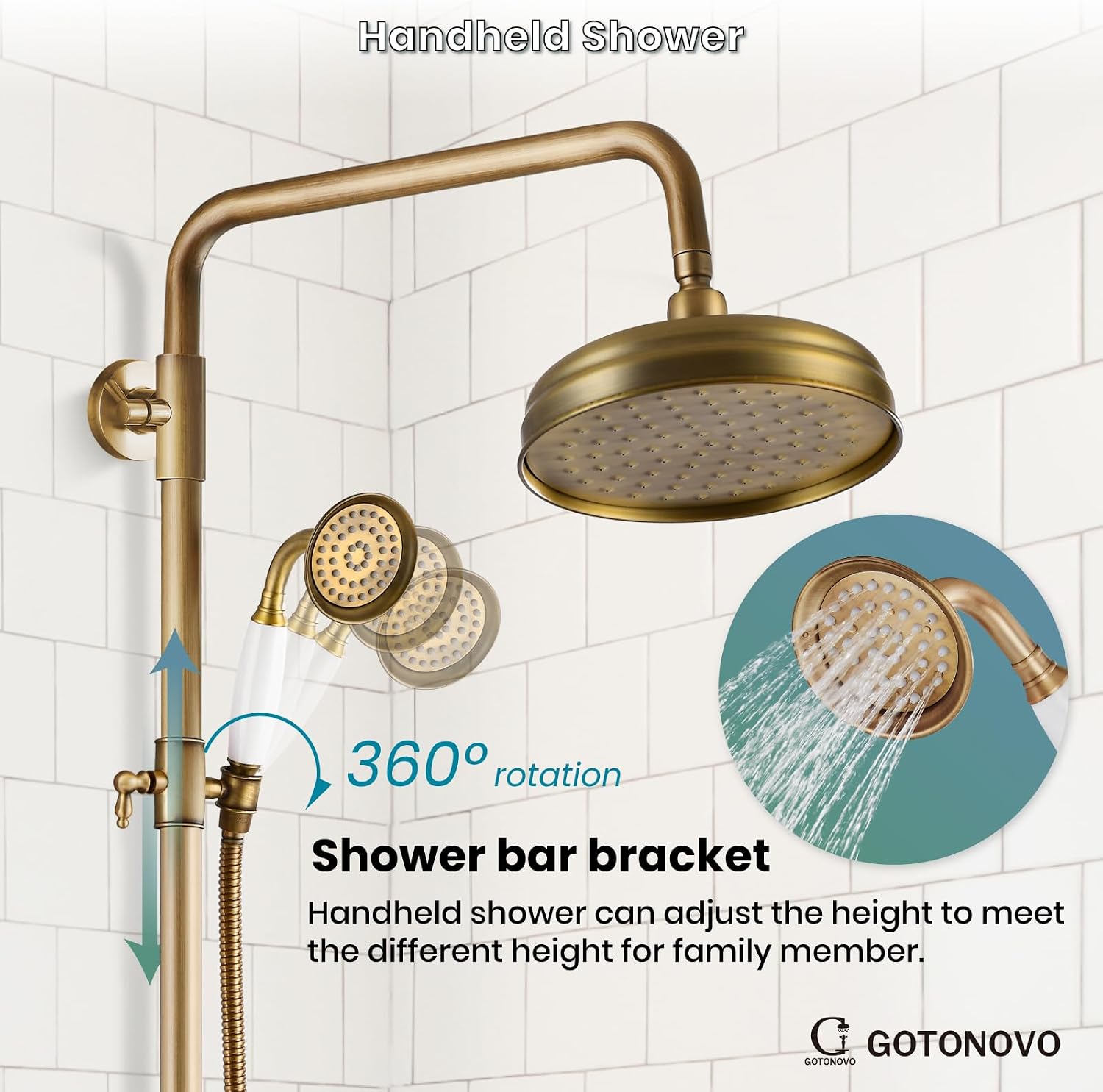 gotonovo Luxury Exposed Shower Faucet Set Bathroom Shower System 8 Inch Wall Mount Rainfall Shower Head with Handheld Spray Cross Double Handle Shower Fixture Adjustable Straight Rod Antique brass