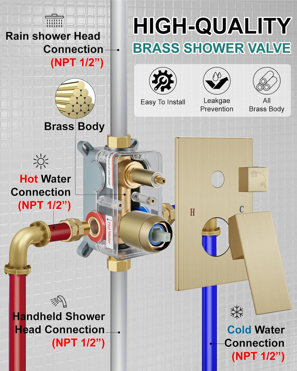 Shower Faucet Set Rainfall Shower System with Square Showerhead and Handle Set Fixture with 2 in 1 Function Handheld Sprayer Wall Mounted Trim Repair Kit Rough-in Valve 10 Inch Brushed Gold