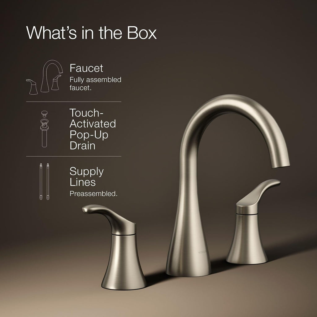 KOHLER K-27390-4-BN Simplice® Widespread Bathroom Sink Faucet, Bathroom Faucets with Two Lever Handles and Clicker Drain, 1.2 GPM, Vibrant Brushed Nickel