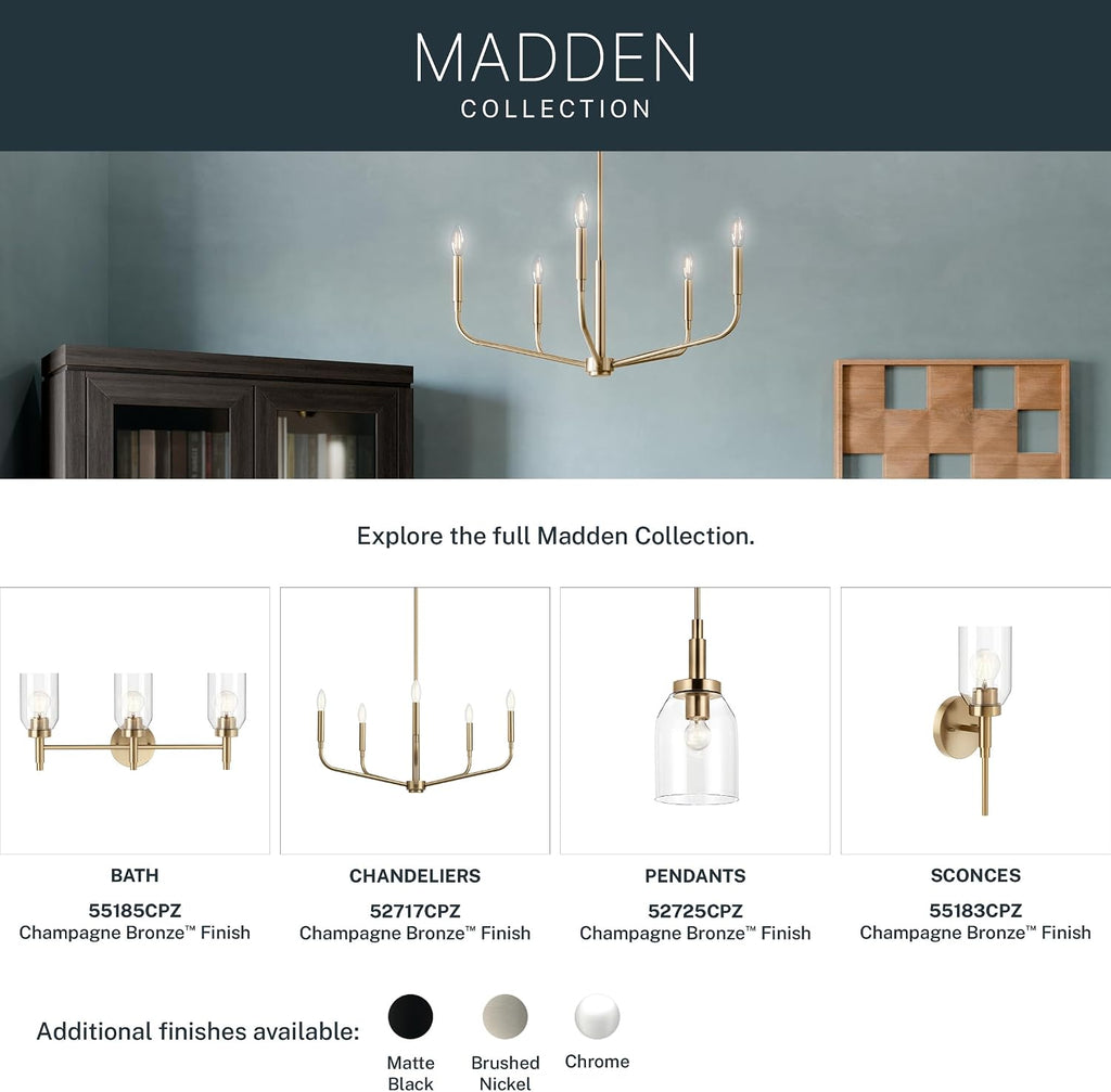 Kichler Madden 4-Light Bathroom Vanity Light Fixture with Clear Glass Shades in Champagne Bronze, Modern Wall Mount for Single or Double Vanity Over Mirror (10.5' x 34'), 55186CPZ