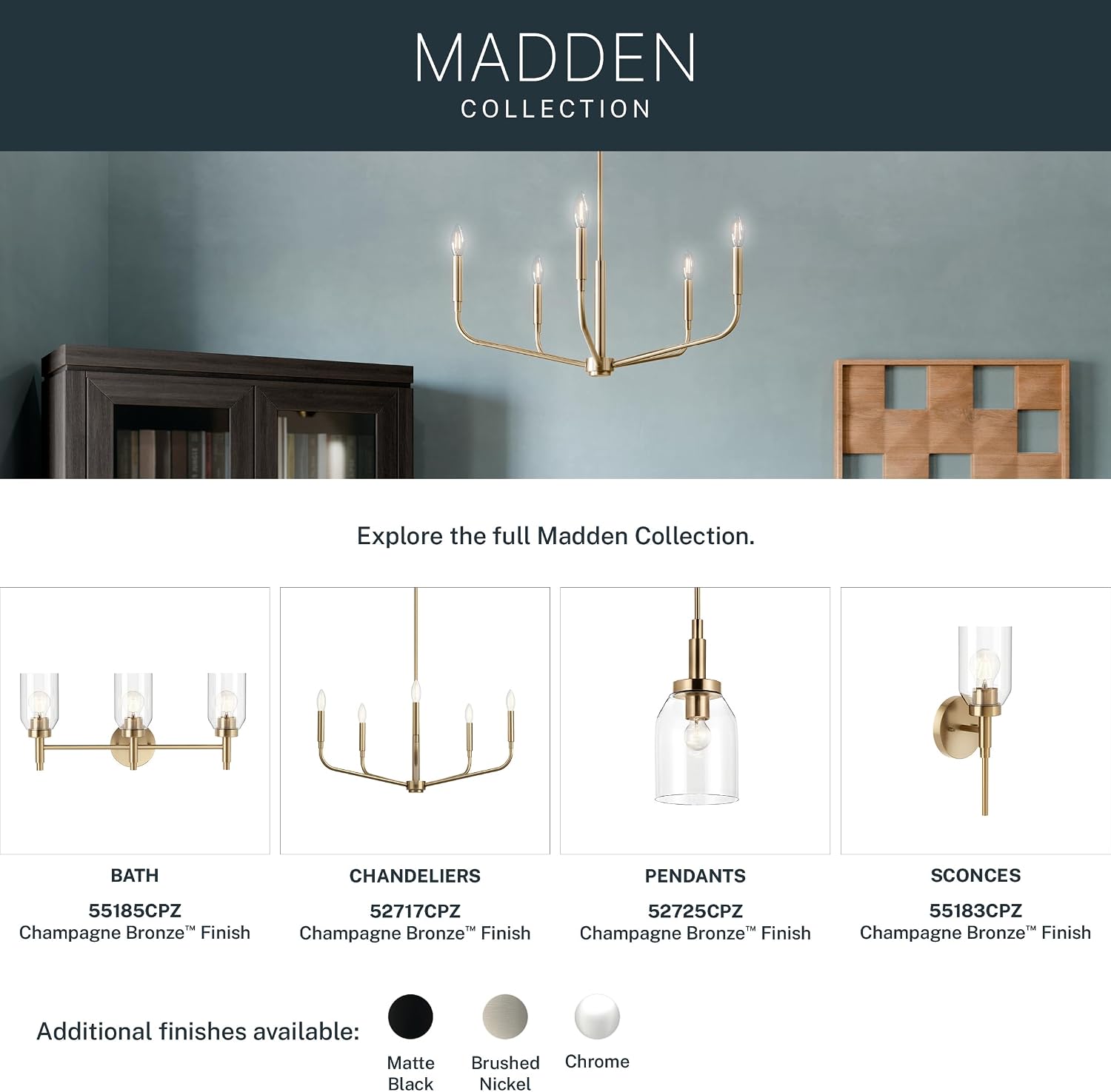 Kichler Madden 4-Light Bathroom Vanity Light Fixture with Clear Glass Shades in Champagne Bronze, Modern Wall Mount for Single or Double Vanity Over Mirror (10.5' x 34'), 55186CPZ