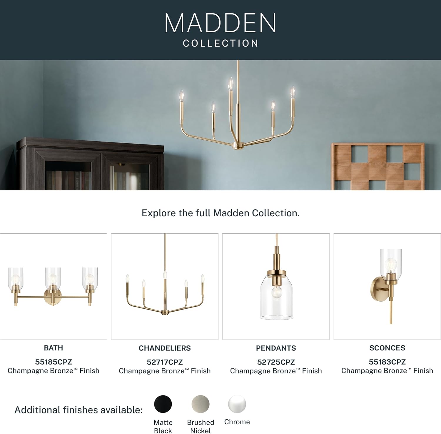 Kichler Madden 3-Light Bathroom Vanity Light Fixture with Clear Glass in Champagne Bronze, Modern Wall Mount Lighting for Single Vanity Mirror (10.5' x 24'), 55185CPZ