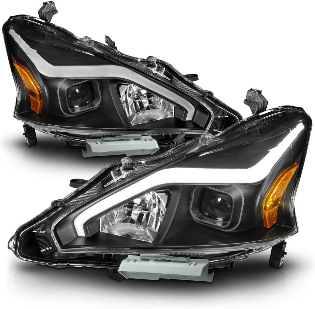 AmeriLite for 2013-2015 Nissan Altima 4 Door Sedan LED Tube Black Square Projector Headlights Set - Passenger and Driver Side
