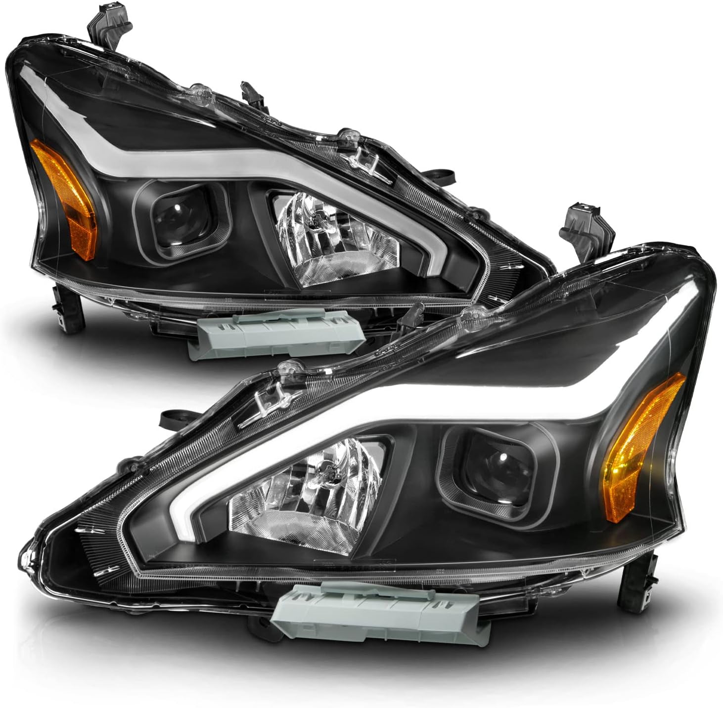 AmeriLite for 2013-2015 Nissan Altima 4 Door Sedan LED Tube Black Square Projector Headlights Set - Passenger and Driver Side