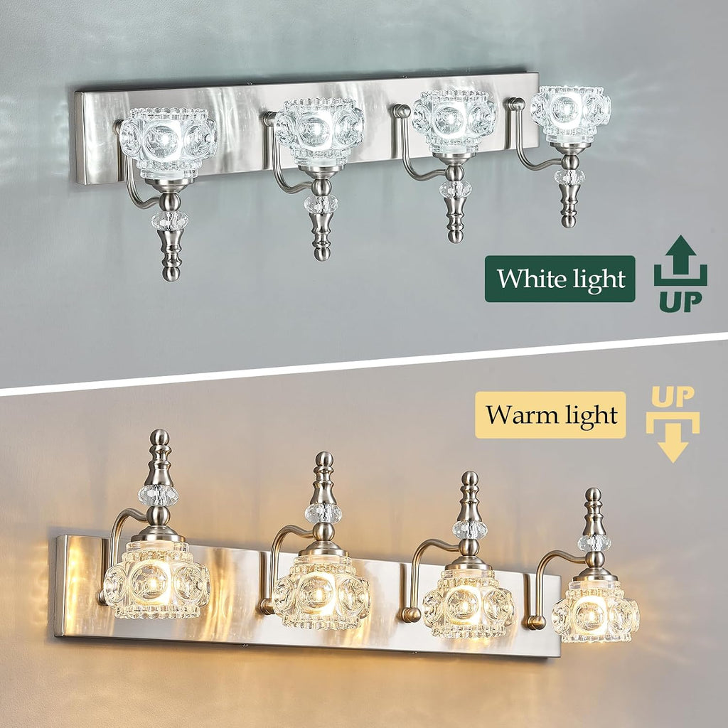 Modern Glass Crystal Vanity Light - Vintage Bathroom Lighting Fixtures Over Mirror, 4 Light Vanity Lights G9 Bulb (27.55 Inch, Nickel)