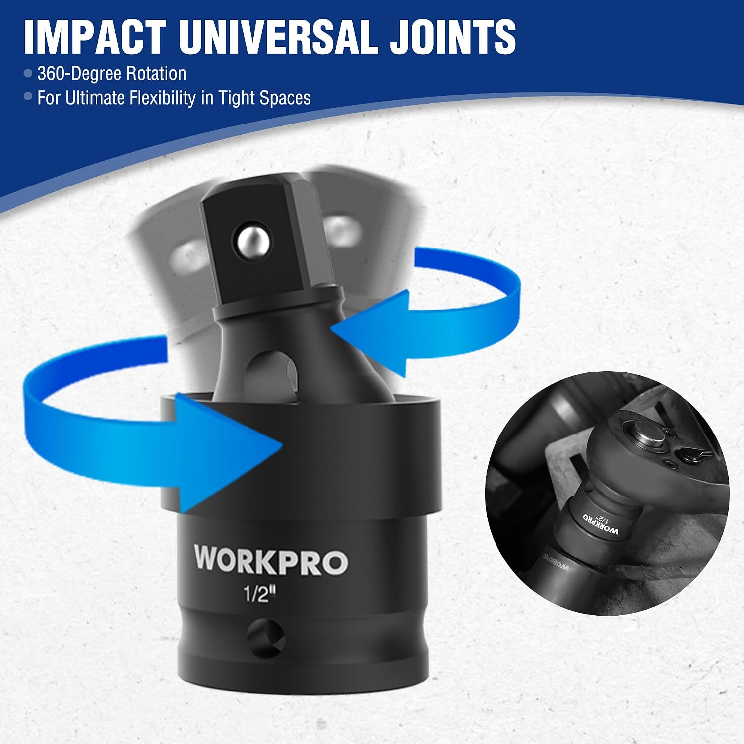 WORKPRO 1/2' Drive Impact Socket Set, 65PCS SAE(3/8'-1-1/4') and Metric(10-24mm) Deep & Shallow Kit, Ratchet Handle, Extension Bar, Impact Universal Joint and Adapters for Automotive Repair