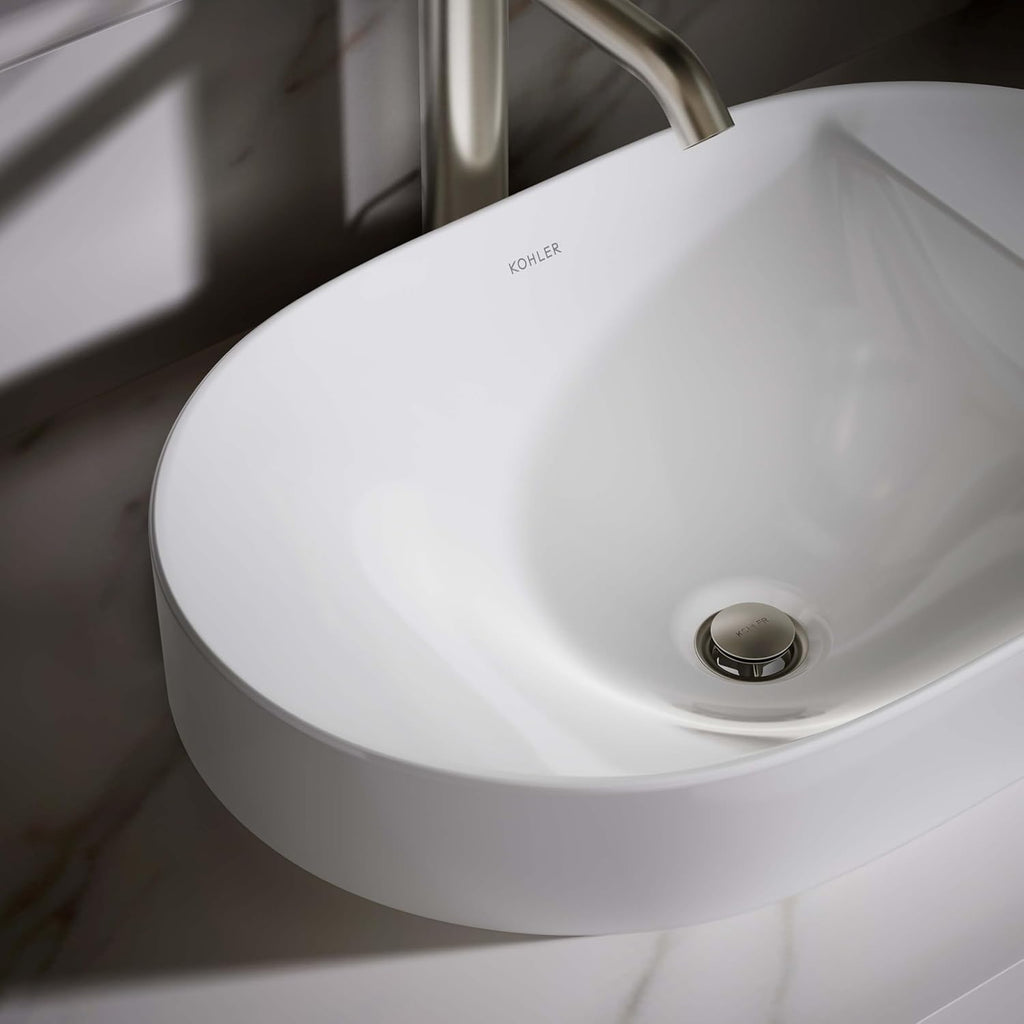 KOHLER 31703-0 Chalice 22-3/4' Oval Vessel Bathroom Sink Bowl with Storage Deck, Above Counter Vanity Sink Basin, with Overflow, No Faucet Holes, White
