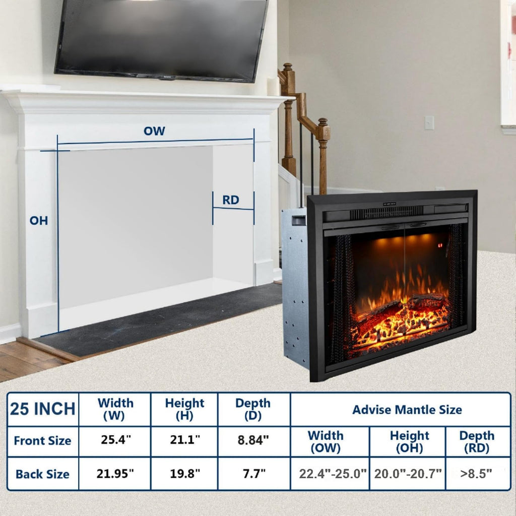 25.4 Inches Electric Fireplace Insert, 750W/1500W Fireplace Heater with Adjustable Flame and Top Light Colors, Fire Crackling Sound, Remote Control, Timer, Glass Door & Mesh Screen, Black