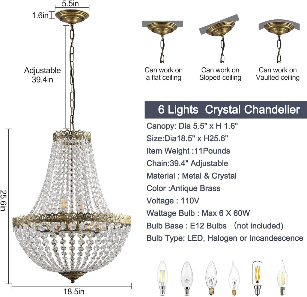 6 Lights French Empire Crystal Chandelier Farmhouse Pendant Lighting, Antique Brass Ceiling Light Fixture for Dining Room Bedroom Foyer Living Room, W18.5 x H25.6