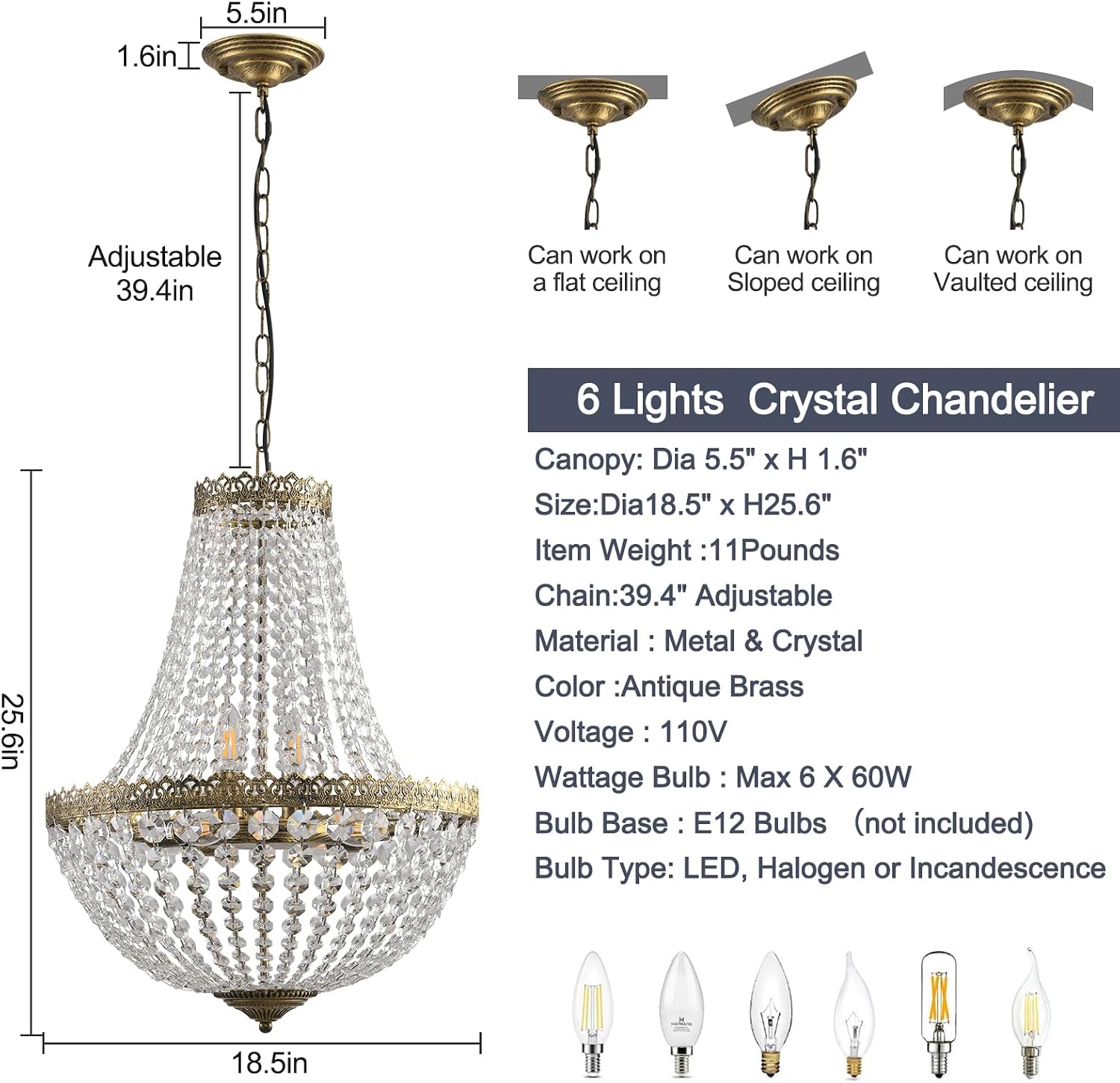 6 Lights French Empire Crystal Chandelier Farmhouse Pendant Lighting, Antique Brass Ceiling Light Fixture for Dining Room Bedroom Foyer Living Room, W18.5 x H25.6