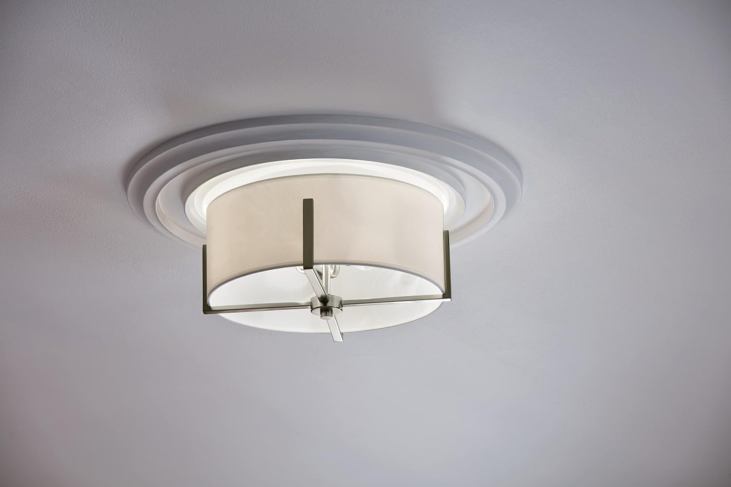 Kichler Malen 52593CLP Flush Mount 2-Light 15.5˝ with White Fabric Shade in Classic Pewter
