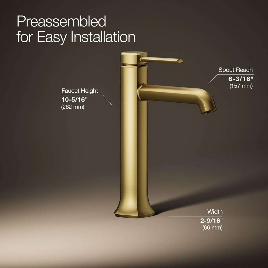 Kohler 27003-4-2MB Occasion® Tall Single-Handle Bathroom Sink Faucet, 1.2 gpm, Vibrant Brushed Moderne Brass